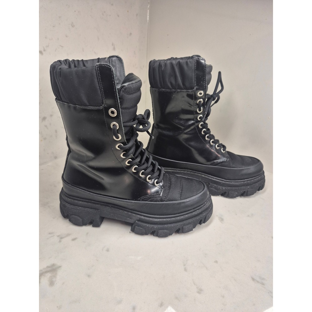 Ganni Chunky Combat Boots Black Quilted Platform Lug Sole Lace Up Size US 36
